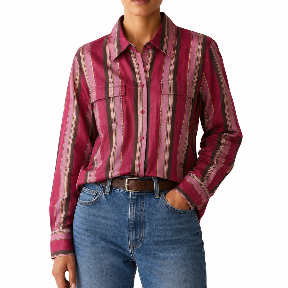 Lane Bryant Button-Up Shirt Womens 18/20 Plus Red Metallic Striped Long Sleeve